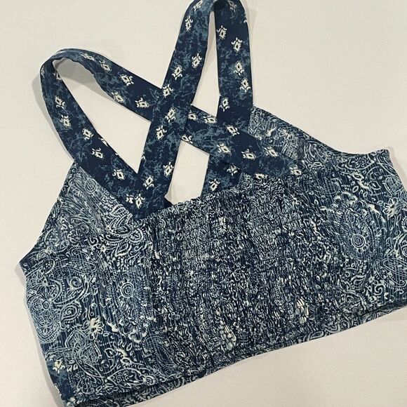 ~ Ecote Lg Boho Crop Top Blue Paisley Pattern Navy Adjustable Convertible Beachy - Picture 11 of 16